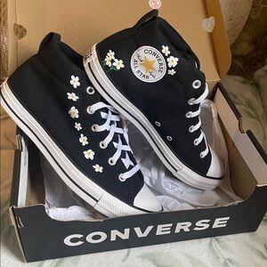 Converse Black Mid Street with Floral Accents